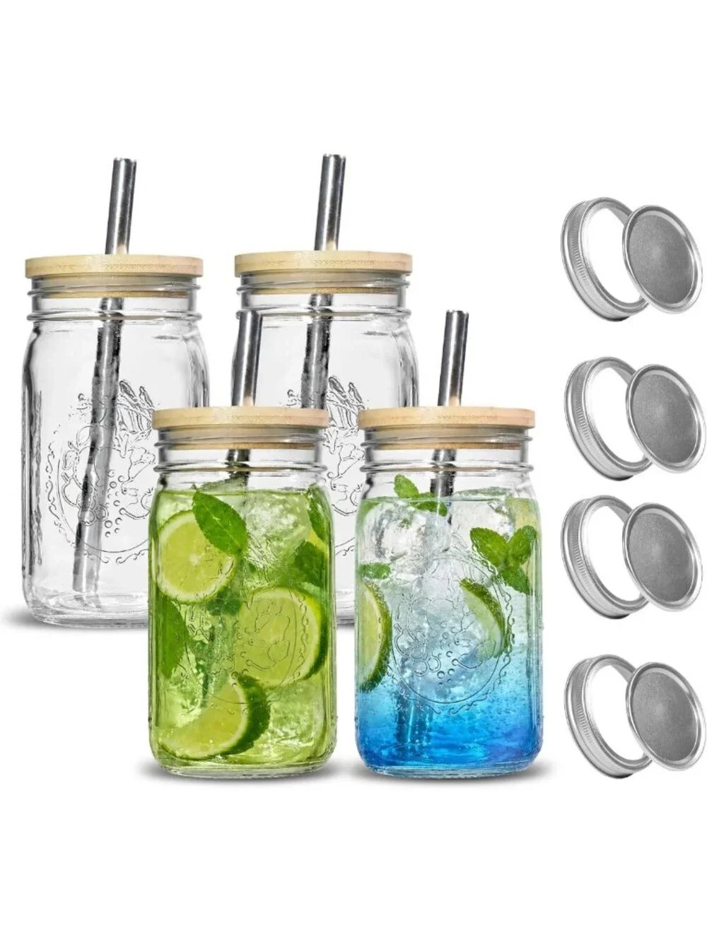 4-Pack Vintage Mason Jars 32oz with Bamboo Lids | Wide Mouth Glass Cups for Iced